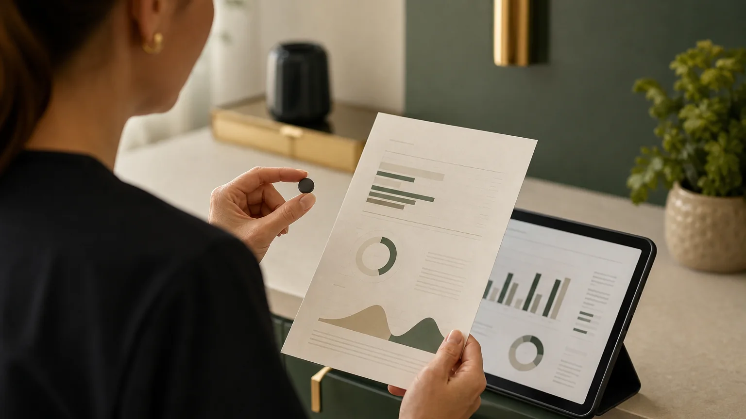 Clinician comparing laboratory reports on a tablet and printout.