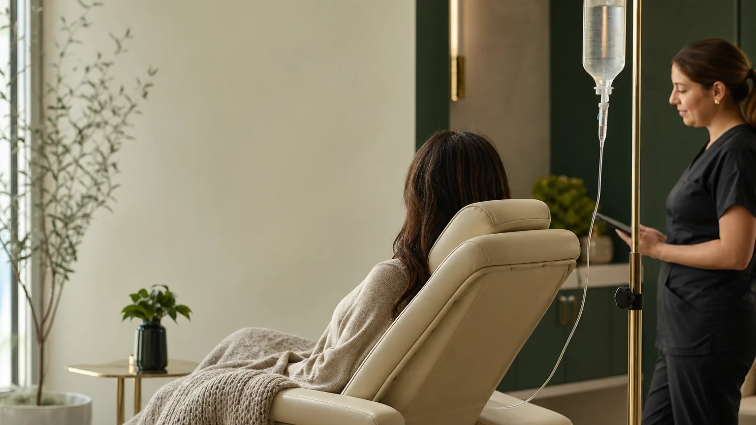 Patient receiving monitored care in a comfortable IV lounge.