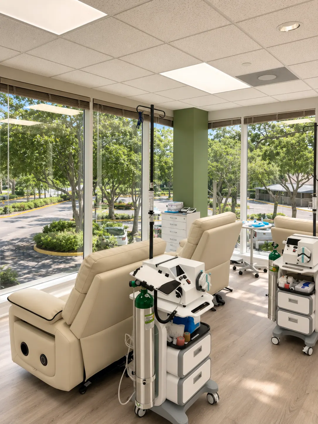 Clinic room at EBO2 Therapy and Wellness in West Palm Beach with cream reclining chairs, IV poles and treatment carts beside large windows