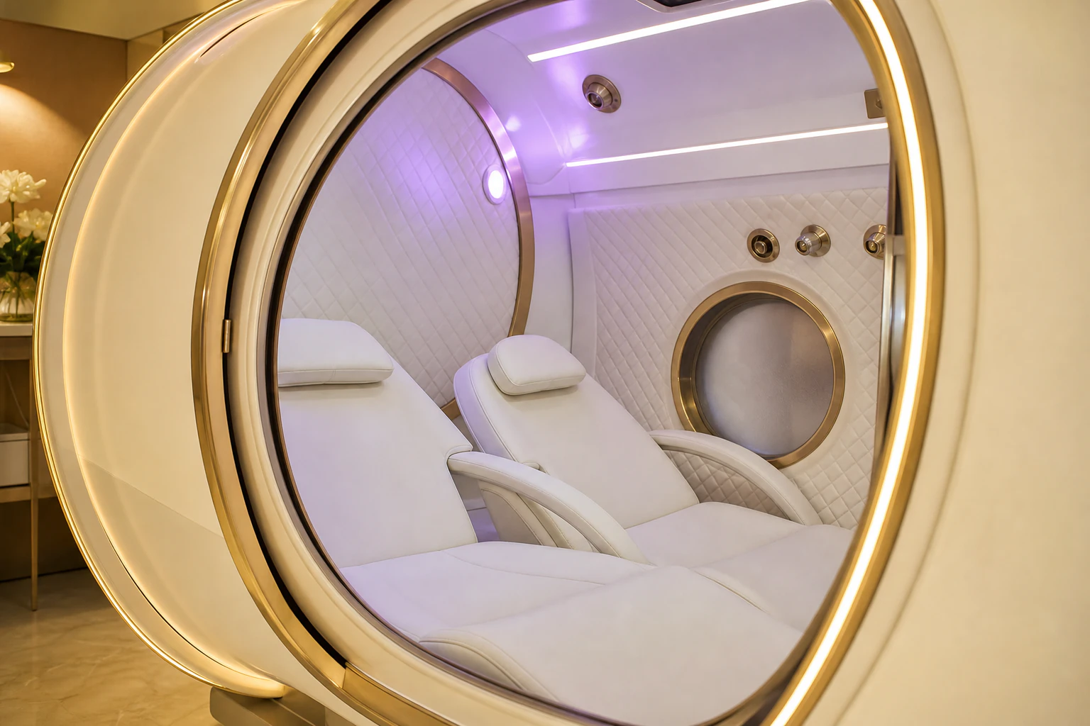 Interior of a hard-shell hyperbaric oxygen therapy chamber.