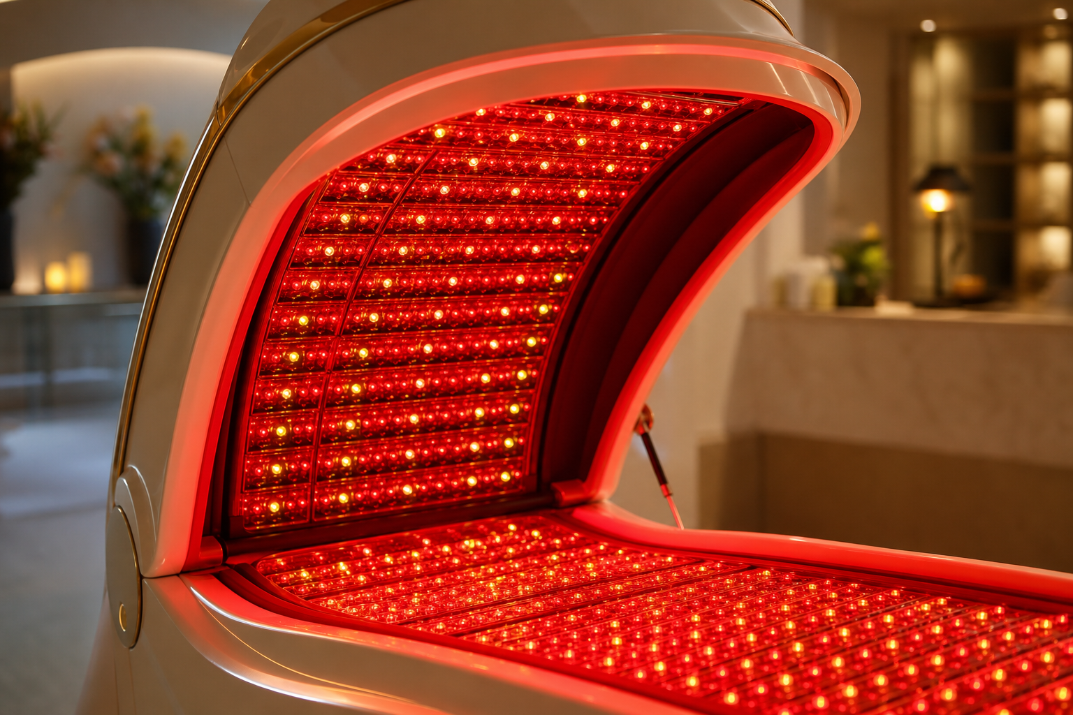 Interior of a cream red light therapy bed showing densely packed red and near-infrared LEDs