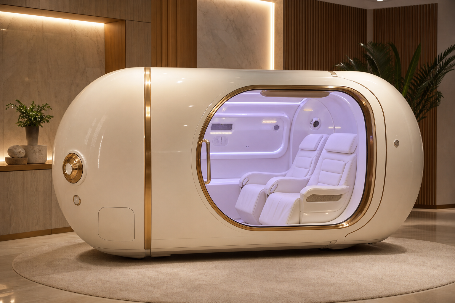 Cream HBOT chamber with gold trim and reclining treatment chairs