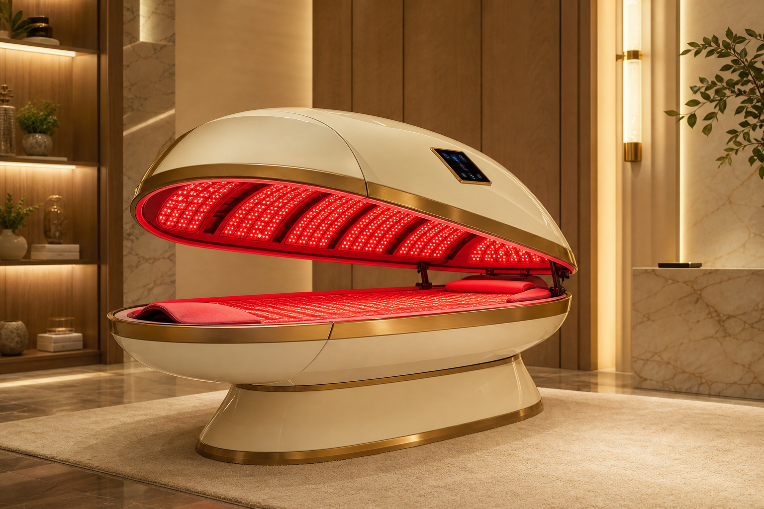 Cream and gold full-body red light therapy bed with red LED panels in a luxury wellness clinic