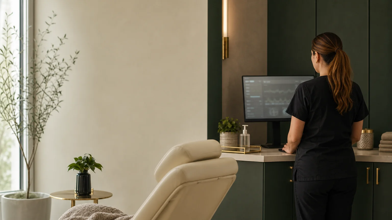 Clinician monitoring care in a private treatment environment.