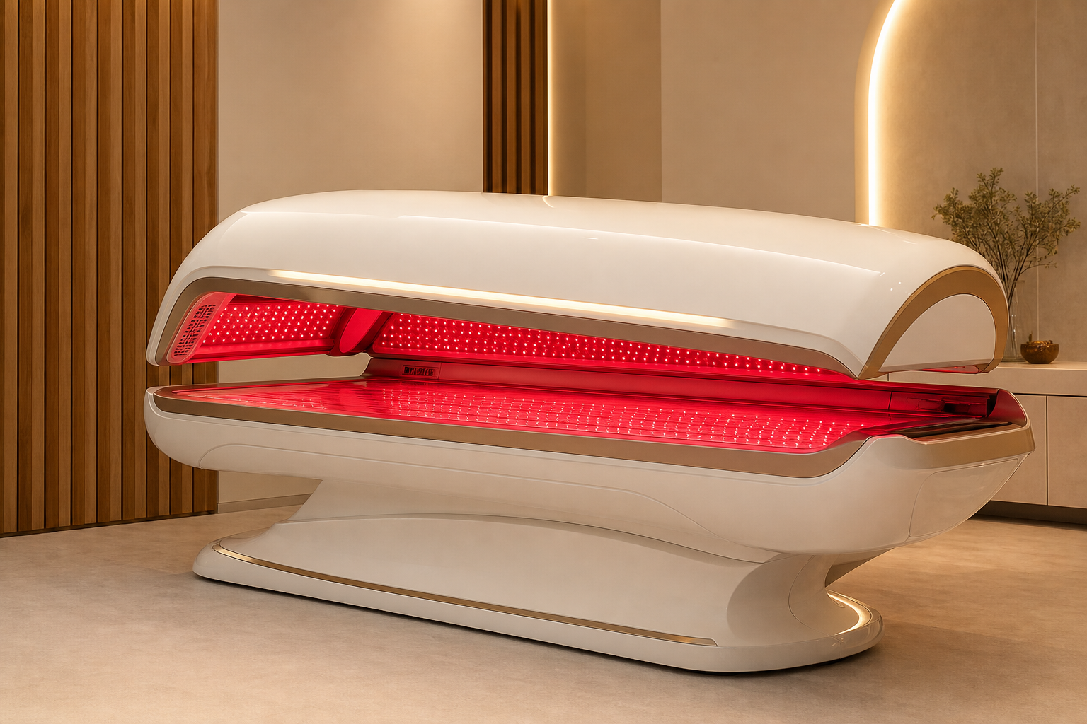 Cream full-body red light therapy bed with gold trim, lid open revealing red LED panels