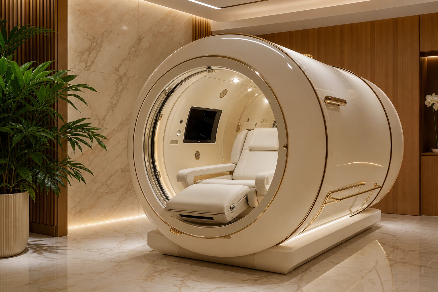 Cream hyperbaric oxygen therapy chamber in a luxury wellness clinic