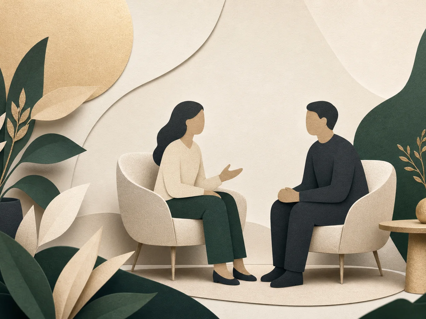 Editorial illustration of a calm clinical care conversation.