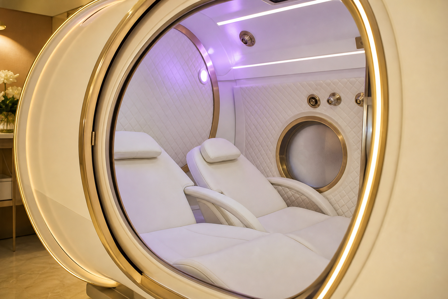 Interior of a cream hyperbaric oxygen therapy chamber